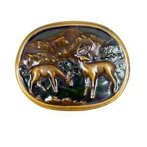 Indiana Metal Craft 70s Enamel Brass Deer Mountains Belt Buckle Western Vintage